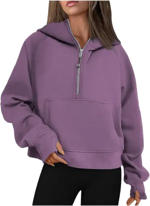 Half Zipper Sweatshirt for Women Stand Collar Fleece Pullover Top Solid Color Cropped T-Shirt Running Sports Blouse