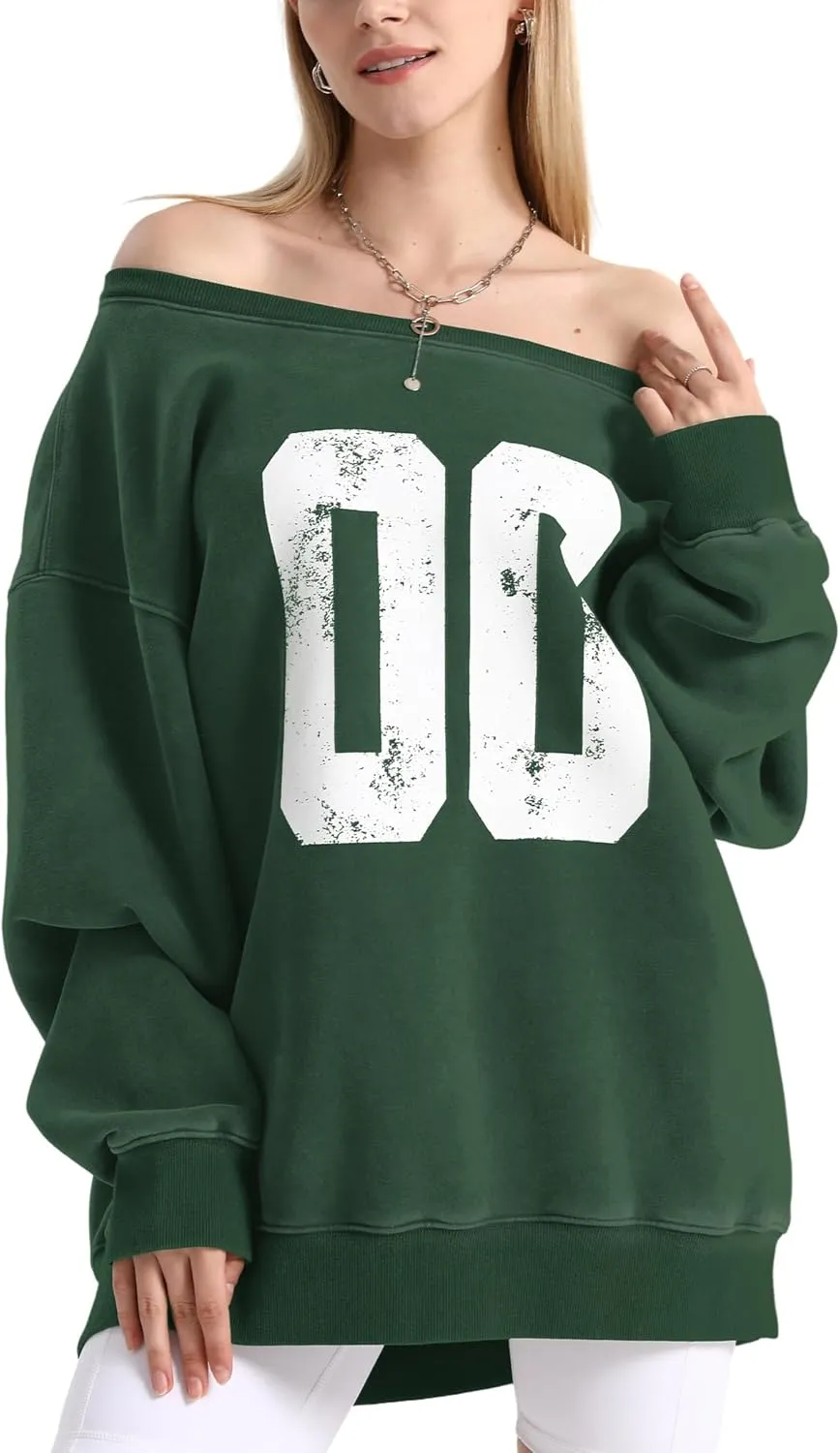 Hatant Off the Shoulder Sweatshirts Womens Graphic Hoodies Jersey Sweatshirts Off Shoulder Sweat Pullover Hoodies for Women
