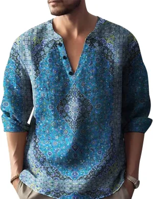 Henley Shirt for Men Vintage Floral Print Banded Collar Button Up Long Sleeve Shirts Big and Tall Loose Pullover Top