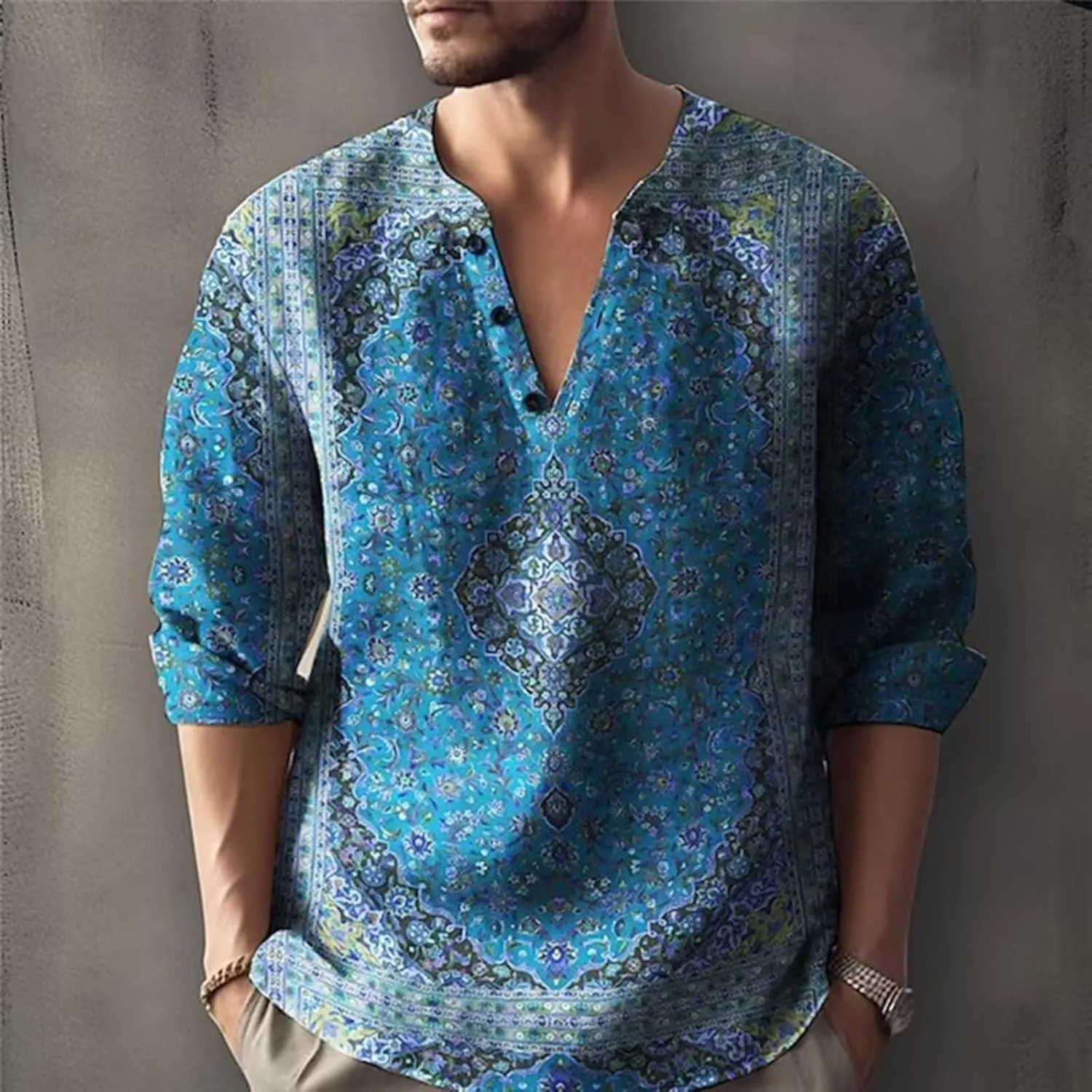 Henley Shirt for Men Vintage Floral Print Banded Collar Button Up Long Sleeve Shirts Big and Tall Loose Pullover Top