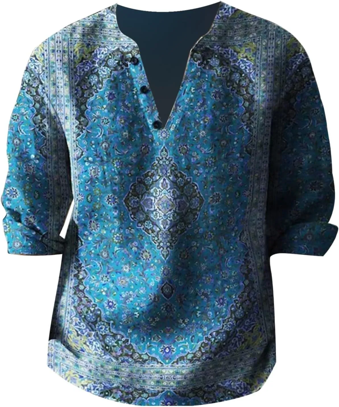 Henley Shirt for Men Vintage Floral Print Banded Collar Button Up Long Sleeve Shirts Big and Tall Loose Pullover Top