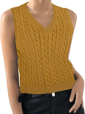 HGps8w Plus Size Sweater Vest for Women Cable Knit Pullovers Solid Color Preppy Style Sleeveless V Neck Knitwear Tank Tops