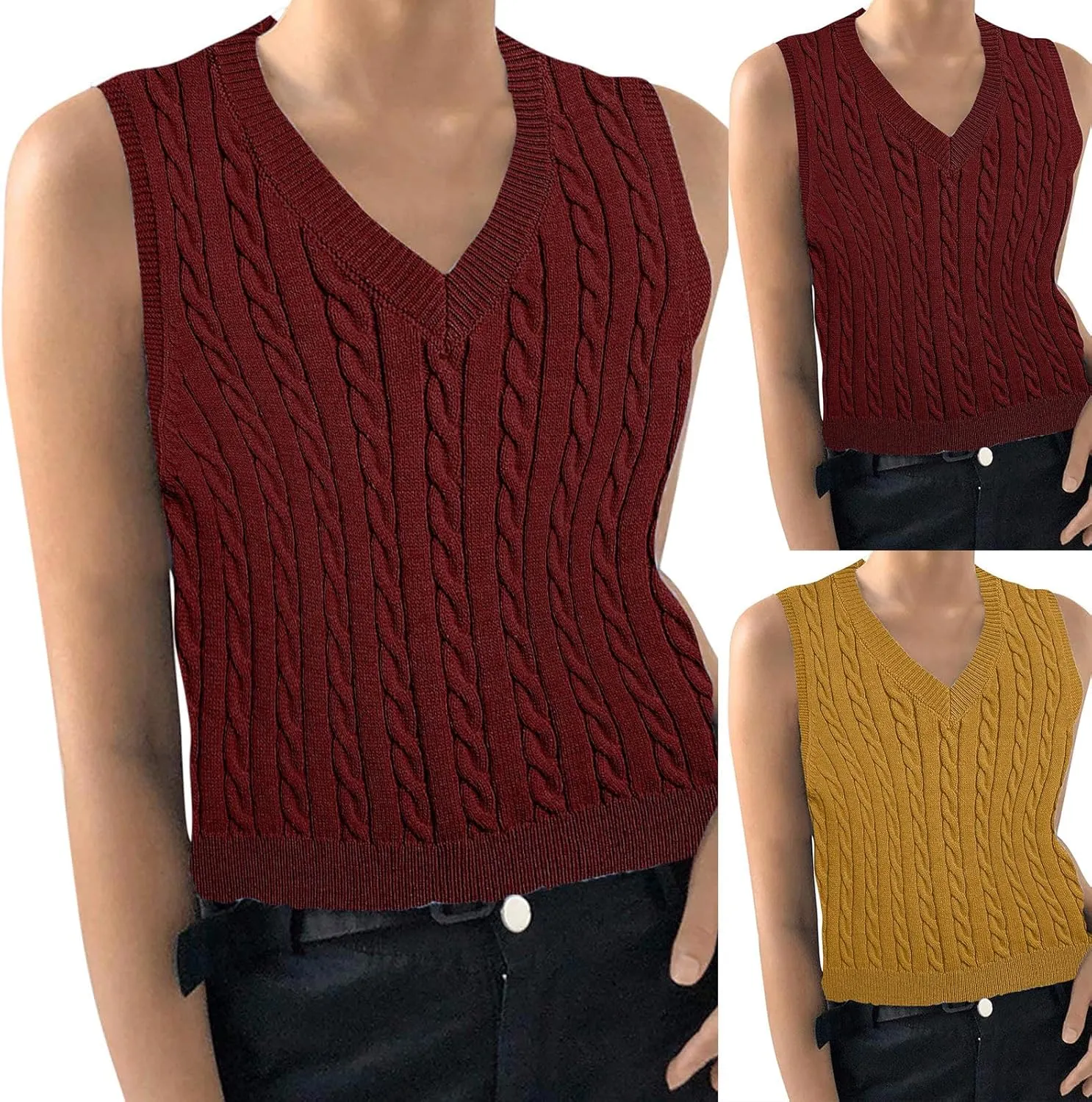 HGps8w Plus Size Sweater Vest for Women Cable Knit Pullovers Solid Color Preppy Style Sleeveless V Neck Knitwear Tank Tops