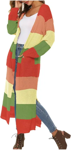 HGps8w Women's Rainbow Colorblock Split Side Cardigan Sweaters Loose Open Front Cute Knitted Jackets Outerwear with Pockets
