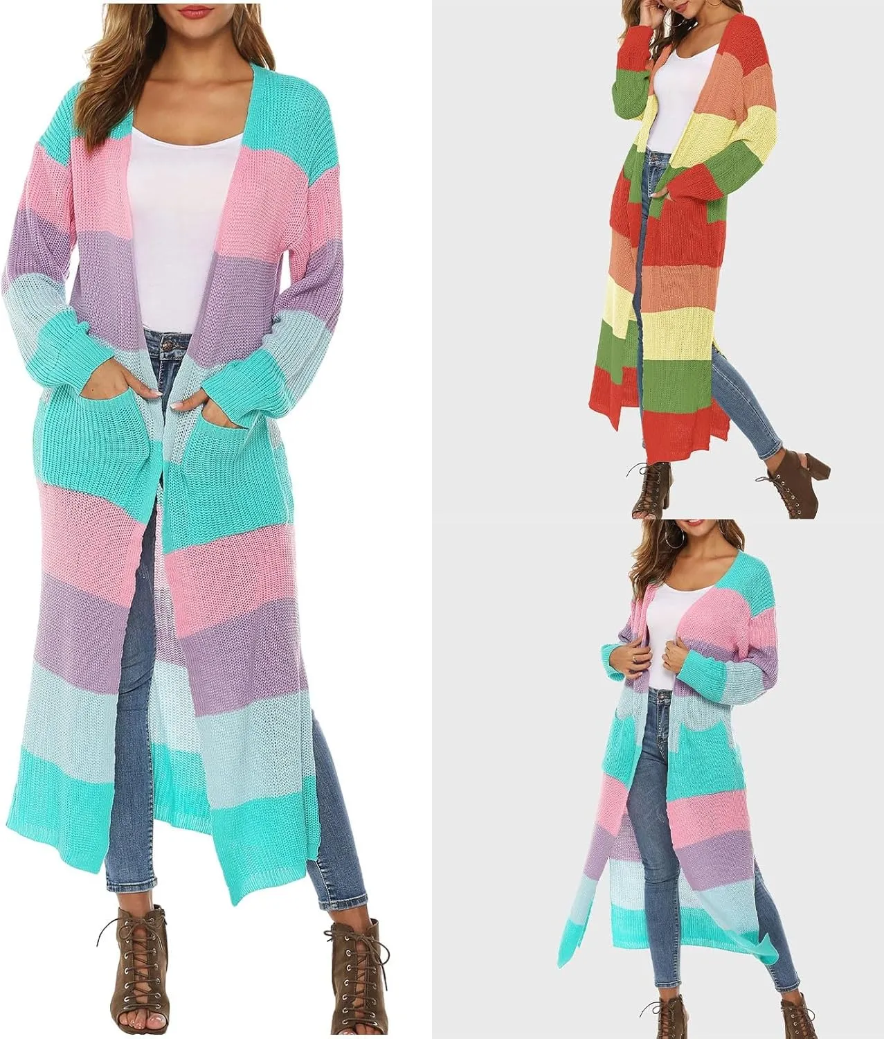 HGps8w Women's Rainbow Colorblock Split Side Cardigan Sweaters Loose Open Front Cute Knitted Jackets Outerwear with Pockets