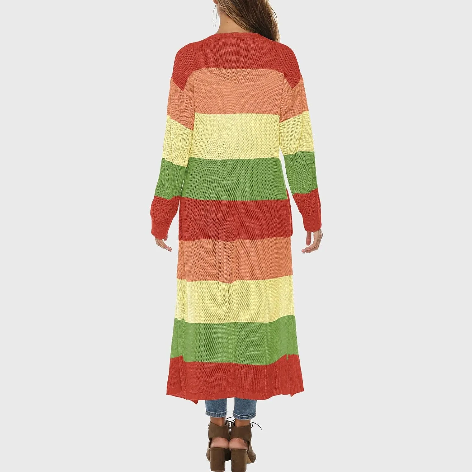HGps8w Women's Rainbow Colorblock Split Side Cardigan Sweaters Loose Open Front Cute Knitted Jackets Outerwear with Pockets