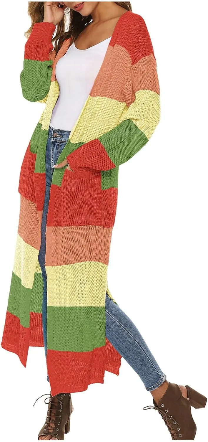 HGps8w Women's Rainbow Colorblock Split Side Cardigan Sweaters Loose Open Front Cute Knitted Jackets Outerwear with Pockets