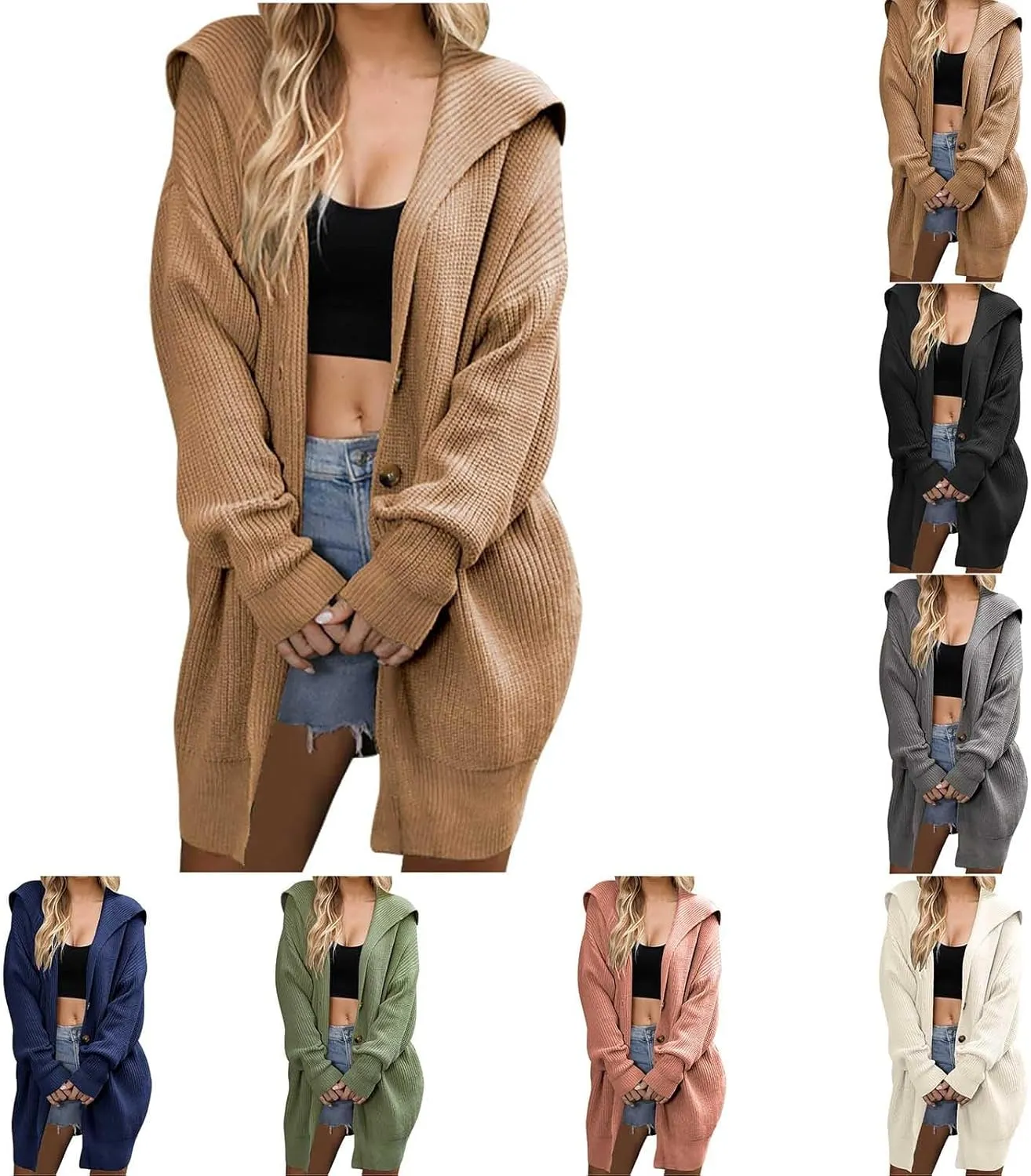 HGps8w Women's Winter Hooded Cardigans Open Front Loose Button Up Long Sleeve Knit Sweater Coat Outerwear with Pockets