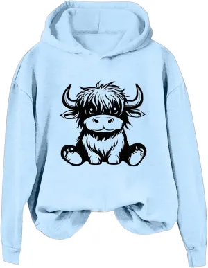 Highland Cow Hoodie for Women Graphic Pullover Cute Cow Print Cozy Hooded Sweatshirt Long Sleeve Animal Lover Gift Top