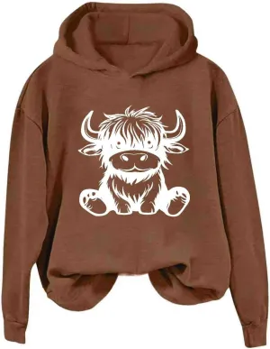 Highland Cow Hoodie for Women Graphic Pullover Cute Cow Print Cozy Hooded Sweatshirt Long Sleeve Animal Lover Gift Top