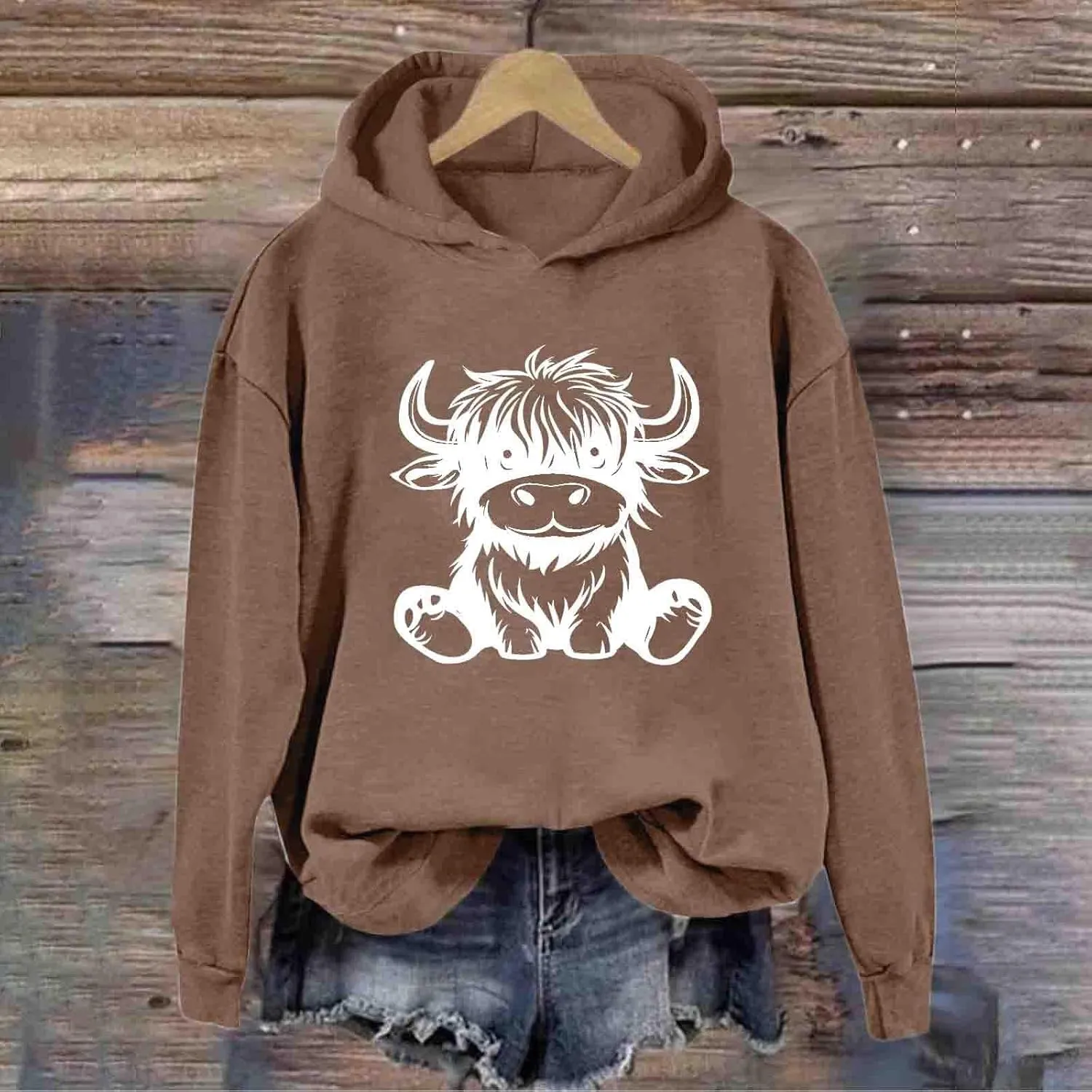 Highland Cow Hoodie for Women Graphic Pullover Cute Cow Print Cozy Hooded Sweatshirt Long Sleeve Animal Lover Gift Top