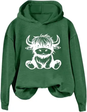 Highland Cow Hoodie for Women Graphic Pullover Cute Cow Print Cozy Hooded Sweatshirt Long Sleeve Animal Lover Gift Top