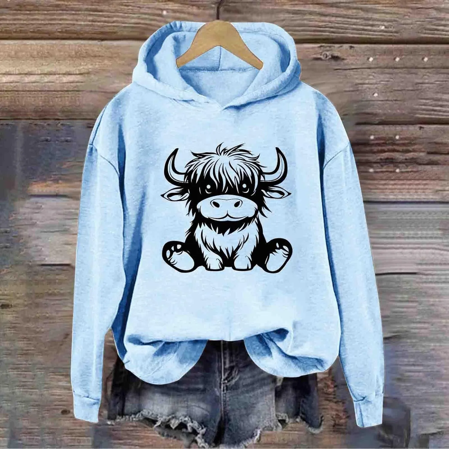 Highland Cow Hoodie for Women Graphic Pullover Cute Cow Print Cozy Hooded Sweatshirt Long Sleeve Animal Lover Gift Top