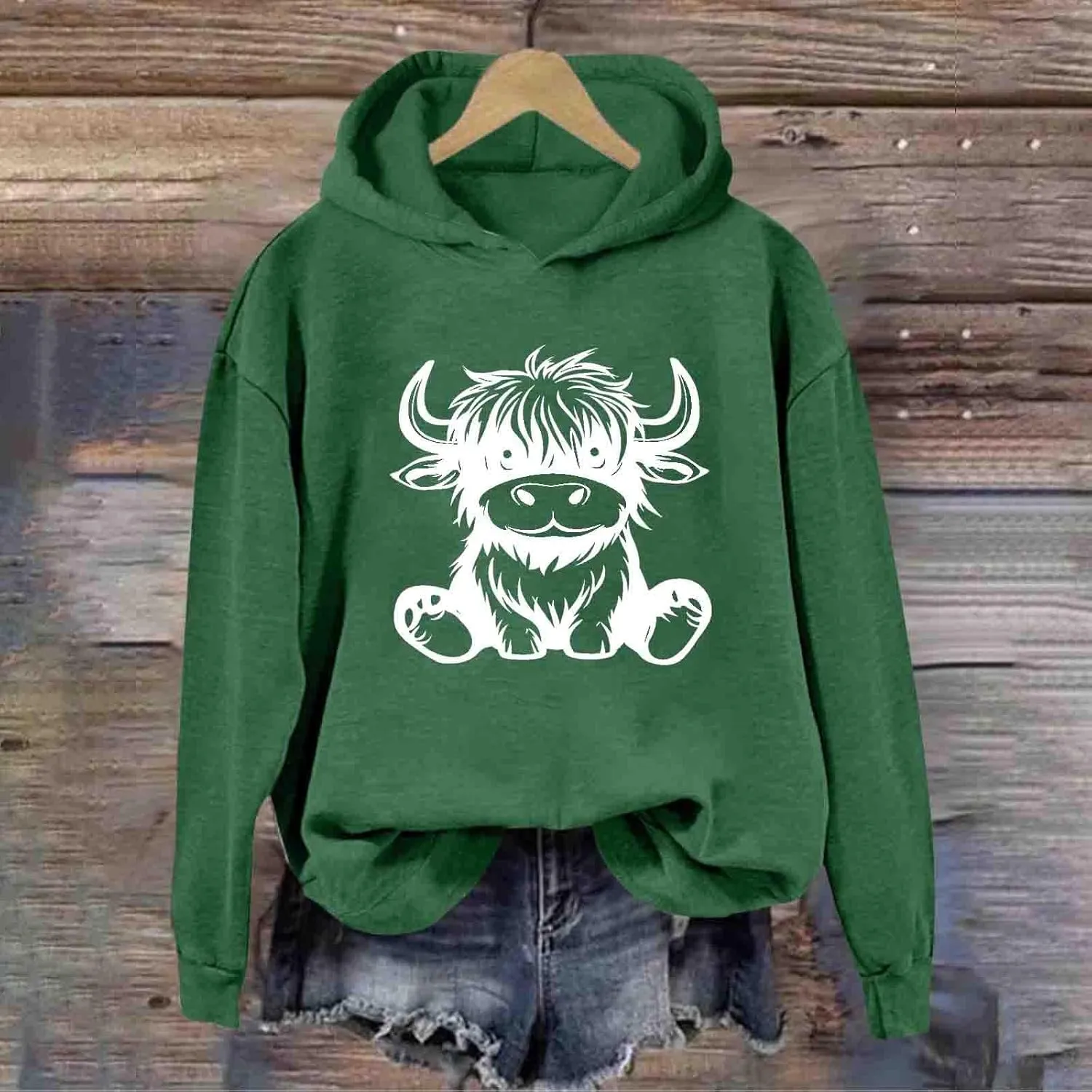 Highland Cow Hoodie for Women Graphic Pullover Cute Cow Print Cozy Hooded Sweatshirt Long Sleeve Animal Lover Gift Top