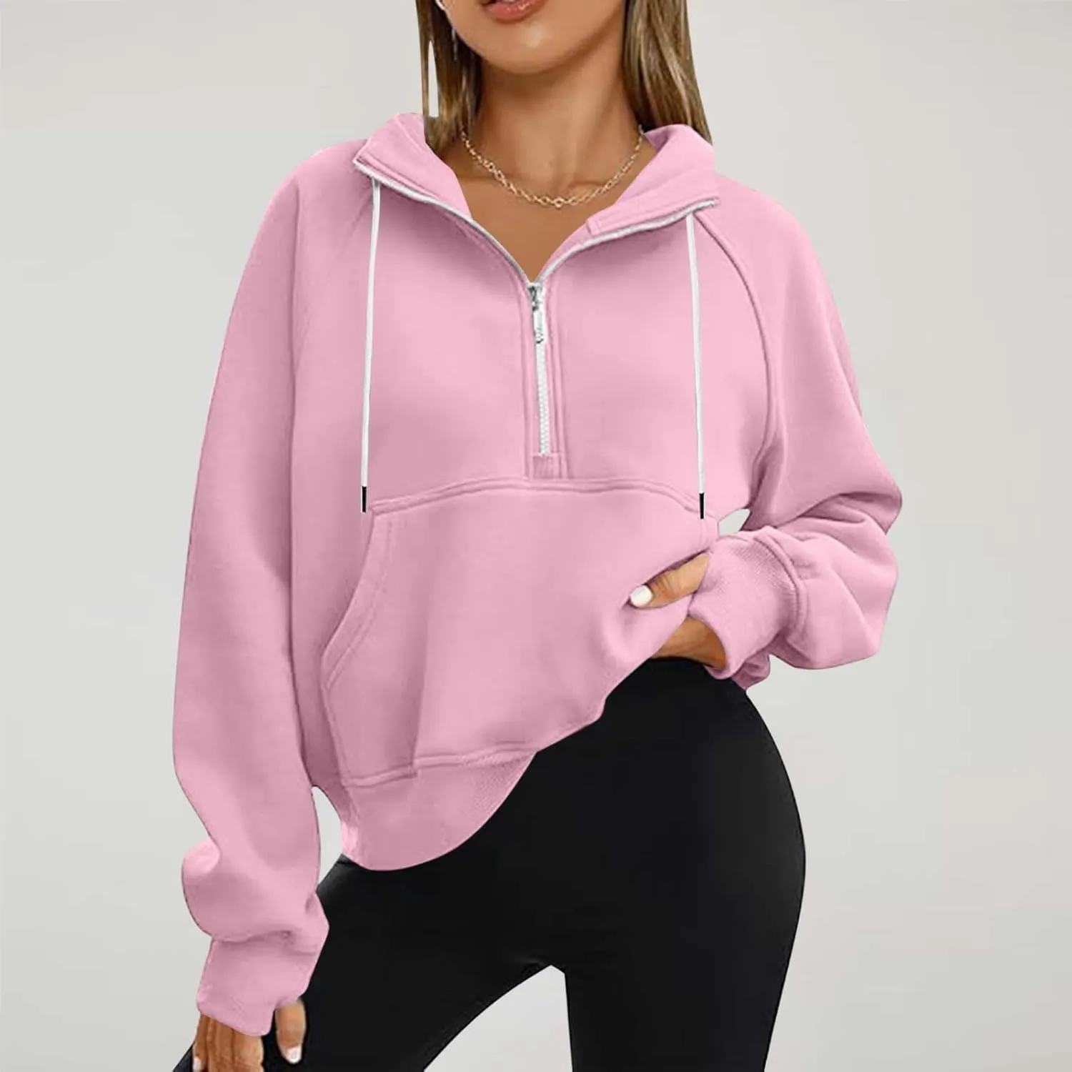 hlysgo Womens Half Zip Cropped Pullover Hoodies Fleece Quarter Zipper Hoodie Sweatshirts Fall Winter Clothes Thumb Hole