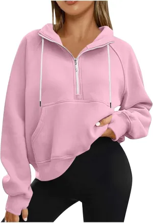 hlysgo Womens Half Zip Cropped Pullover Hoodies Fleece Quarter Zipper Hoodie Sweatshirts Fall Winter Clothes Thumb Hole