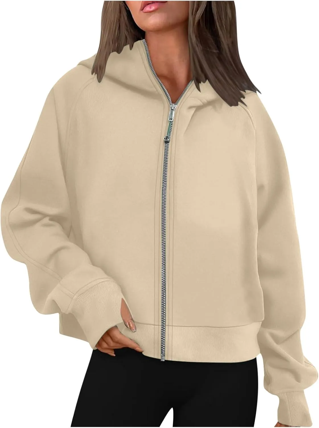 hlysgo Womens Zip Up Hoodie Cropped Sweatshirts Fleece Jackets Fall Outfits Oversized Casual Hoodies with Thumb Holes