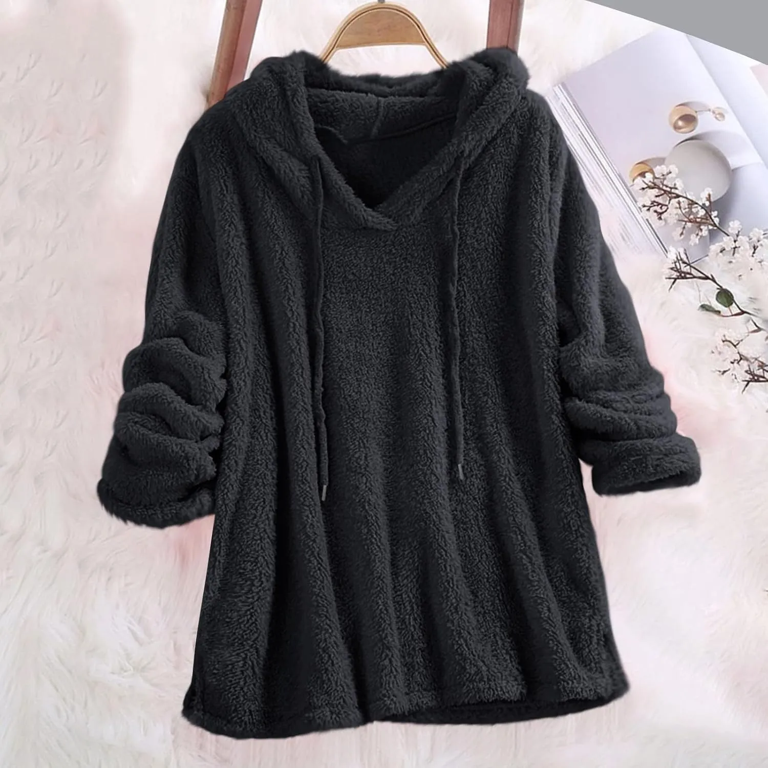 Hooded Sweatshirt for Women Trendy Loose Fit Long Sleeve Solid Color Sweaters Comfort Casual Drawstring Hoodies