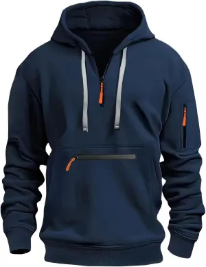 Hoodies for Men Long Sleeve Quarter Zip Cargo Hooded Sweatshirt Casual Tactical Hoodie Outdoor Multi Pockets Pullover