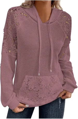 Hoodies For Women Lace Long Sleeve Drawstraing Fashion Sweatshirts Loose Waffle Knit Sweatshirt with Pocket
