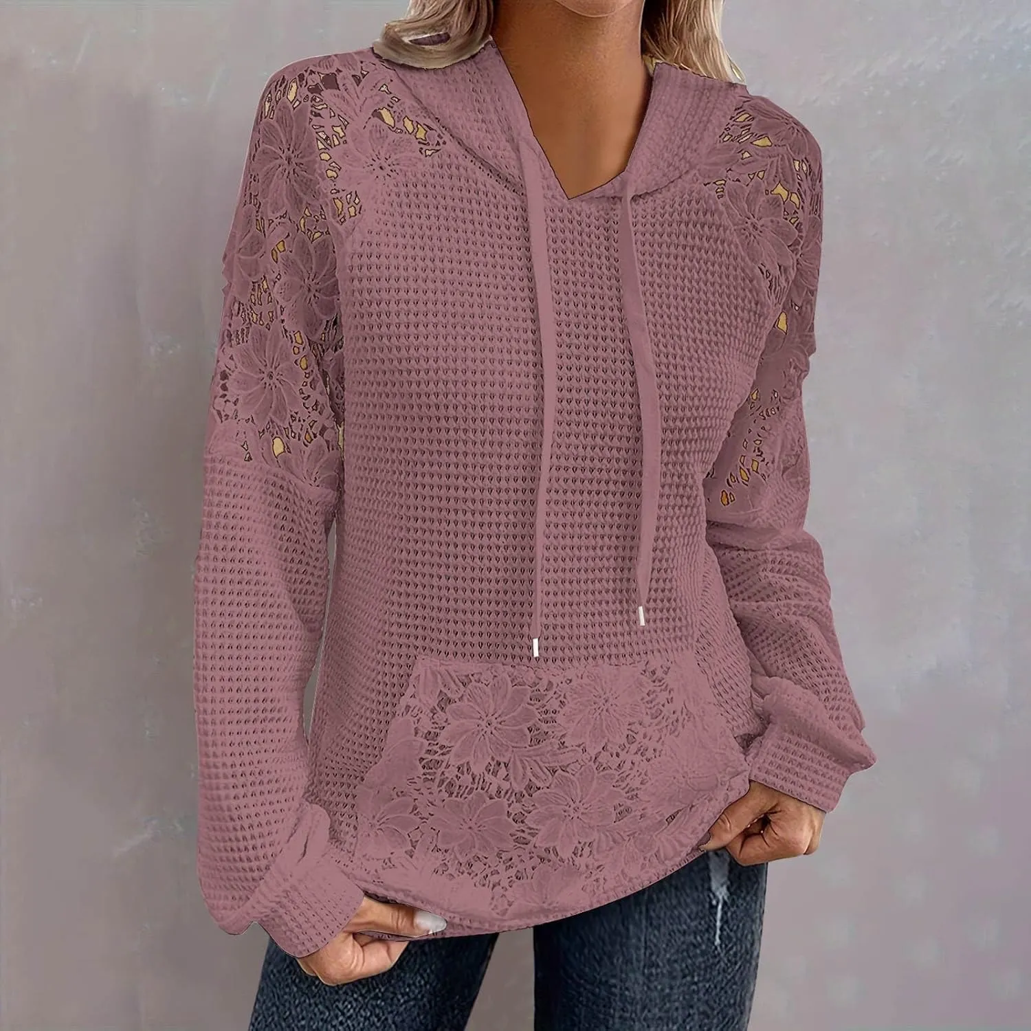 Hoodies For Women Lace Long Sleeve Drawstraing Fashion Sweatshirts Loose Waffle Knit Sweatshirt with Pocket