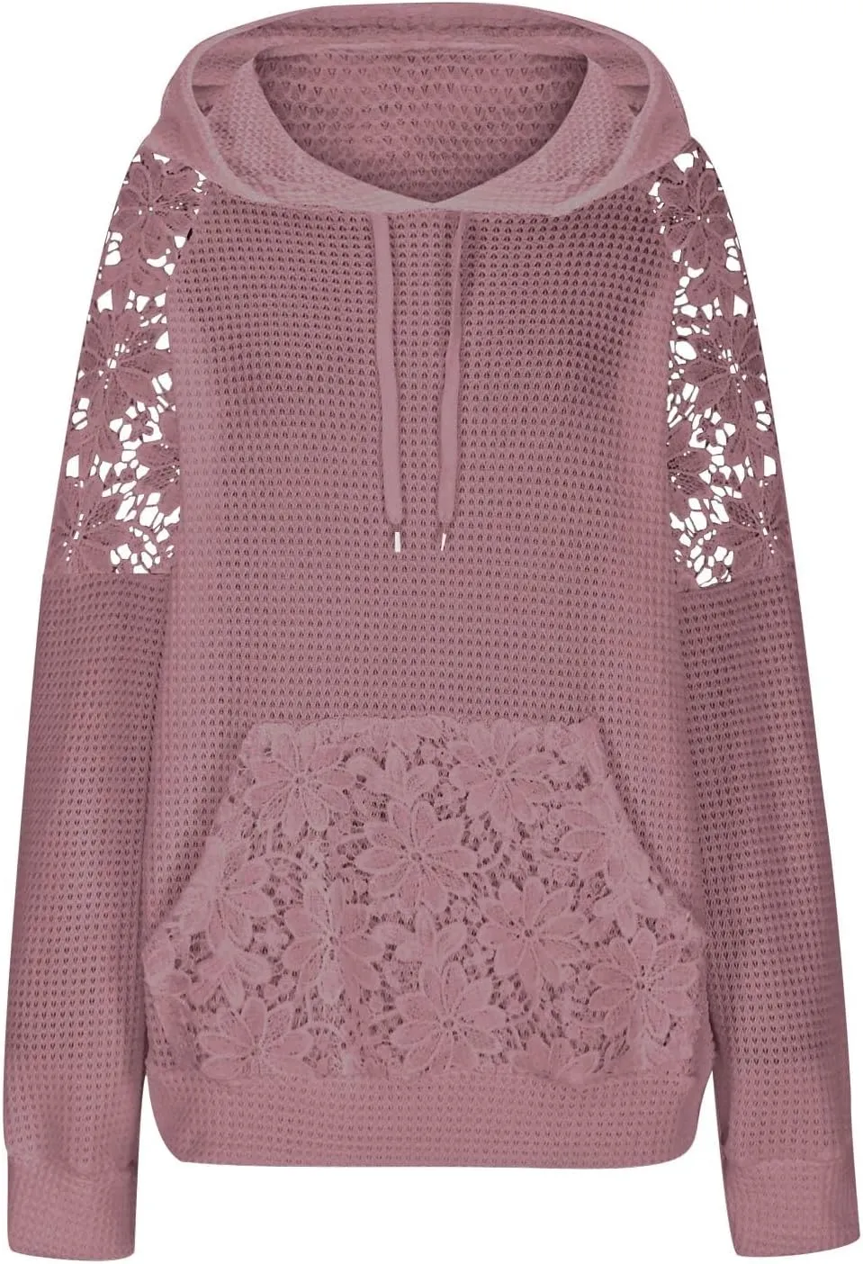 Hoodies For Women Lace Long Sleeve Drawstraing Fashion Sweatshirts Loose Waffle Knit Sweatshirt with Pocket