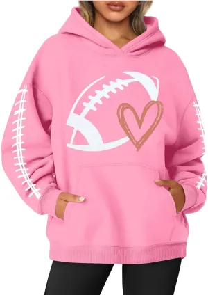 Hoodies for Women Long Sleeve Rugby Print Hoodie Game Day Football Mom Graphic Hooded Sweatshirt Casual Pullover Tops