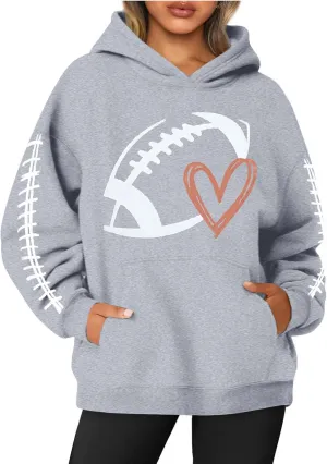 Hoodies for Women Long Sleeve Rugby Print Hoodie Game Day Football Mom Graphic Hooded Sweatshirt Casual Pullover Tops