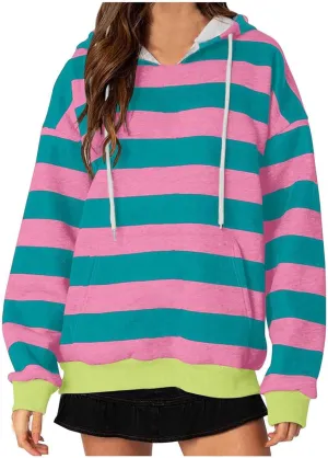 Hoodies for Women Oversized Long Sleeve Striped Colour Block Sweatshirt Fashion Drawstring Soft Pullover Tops Fall 2024