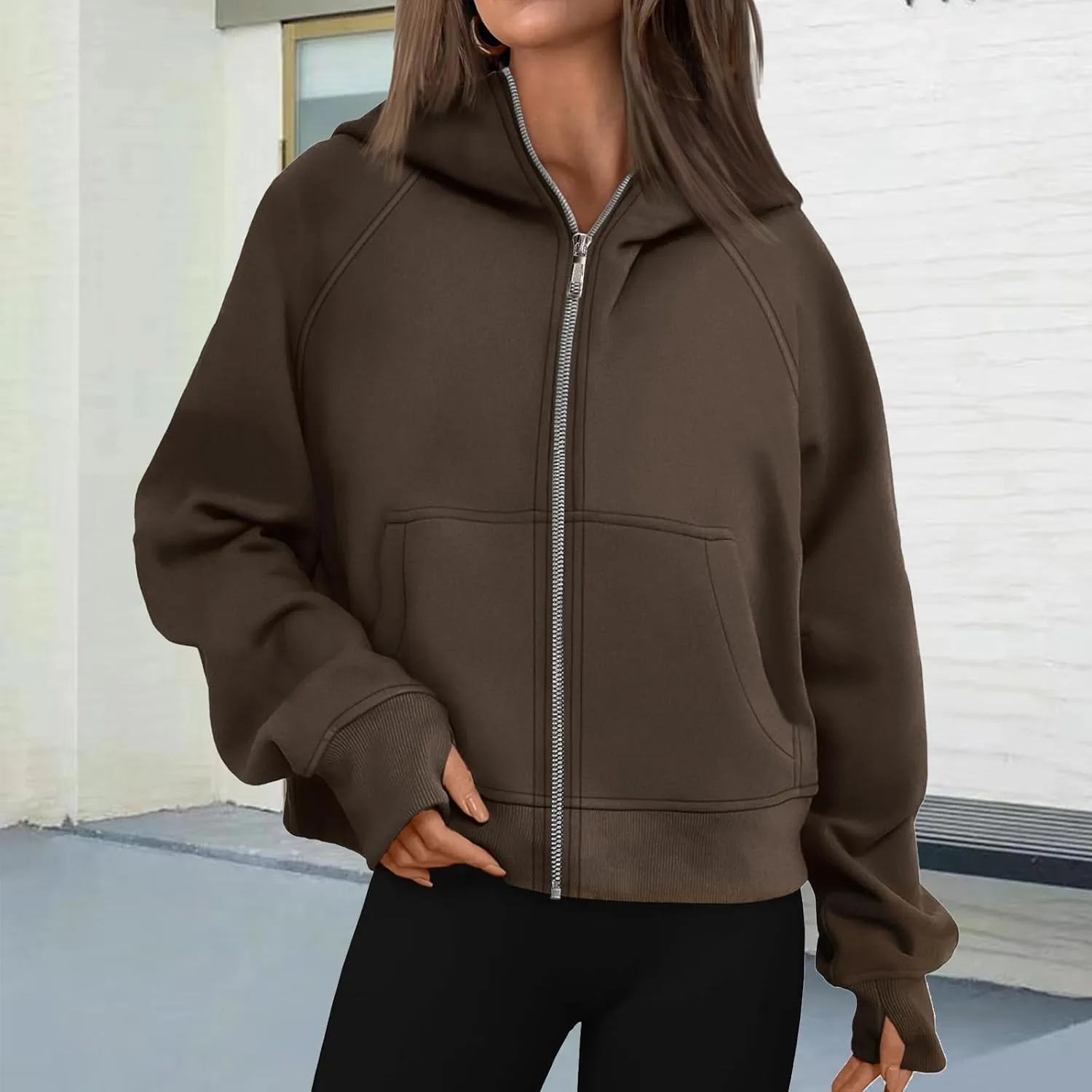 Hoodies for Women Zip Up Jacket Cropped Hoodie Fleece Oversized Sweatshirt Fall Outfits Y2K Winter Clothes Thumb Hole