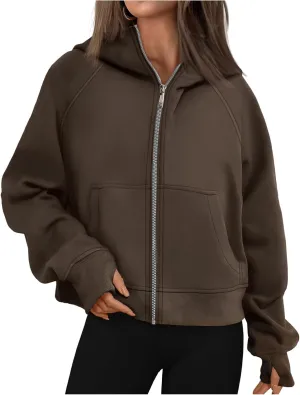 Hoodies for Women Zip Up Jacket Cropped Hoodie Fleece Oversized Sweatshirt Fall Outfits Y2K Winter Clothes Thumb Hole