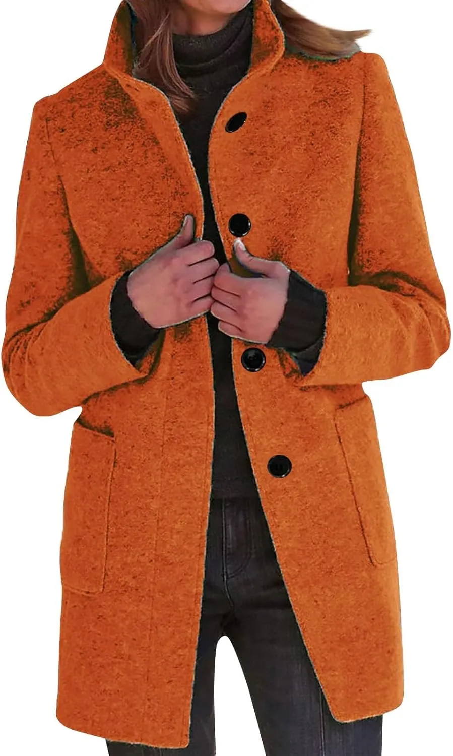 HXHYQKP Pea Coats for Women Basic Stand Collar Slim Fit Jacket Pea Coat Notched Lapel Trench Coat