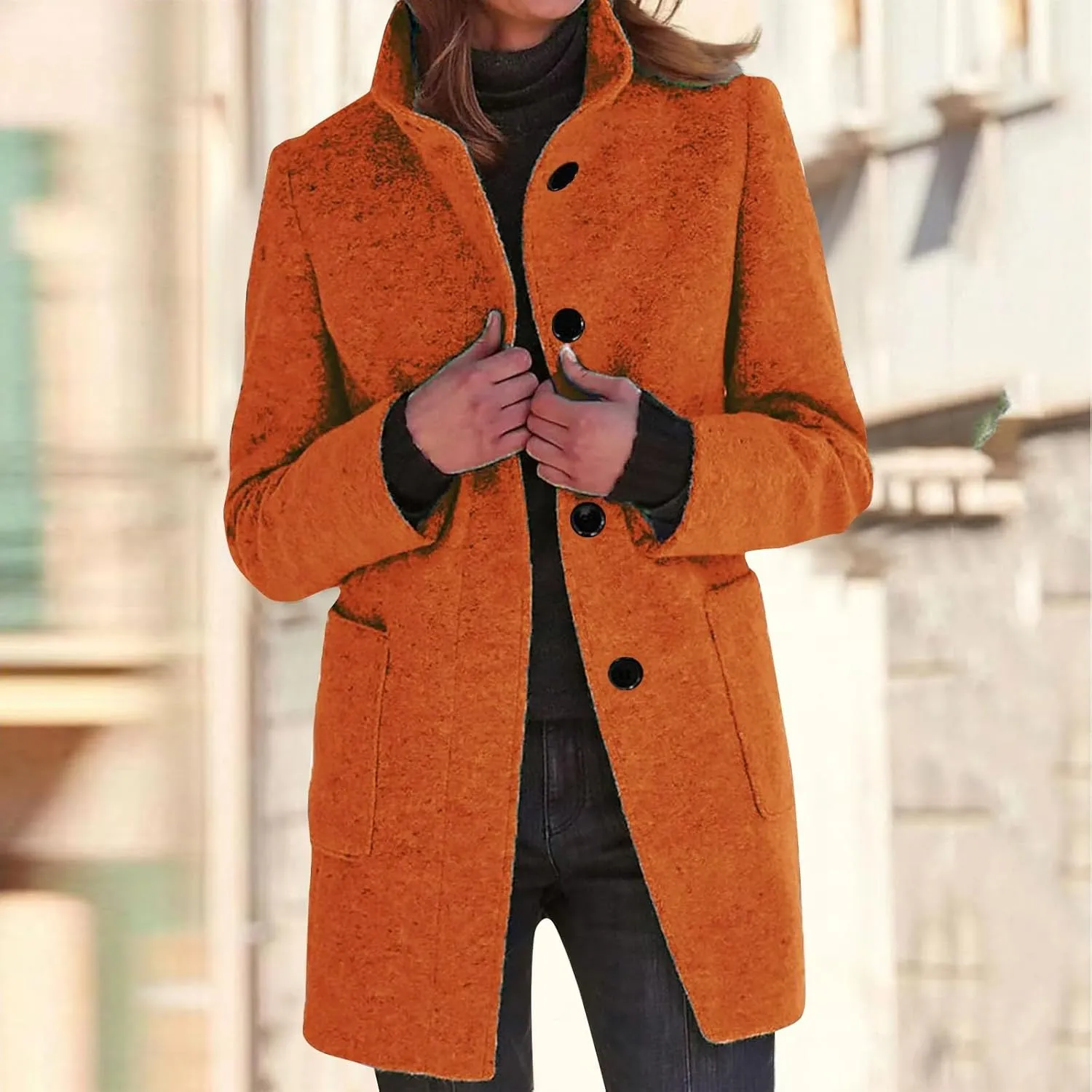 HXHYQKP Pea Coats for Women Basic Stand Collar Slim Fit Jacket Pea Coat Notched Lapel Trench Coat