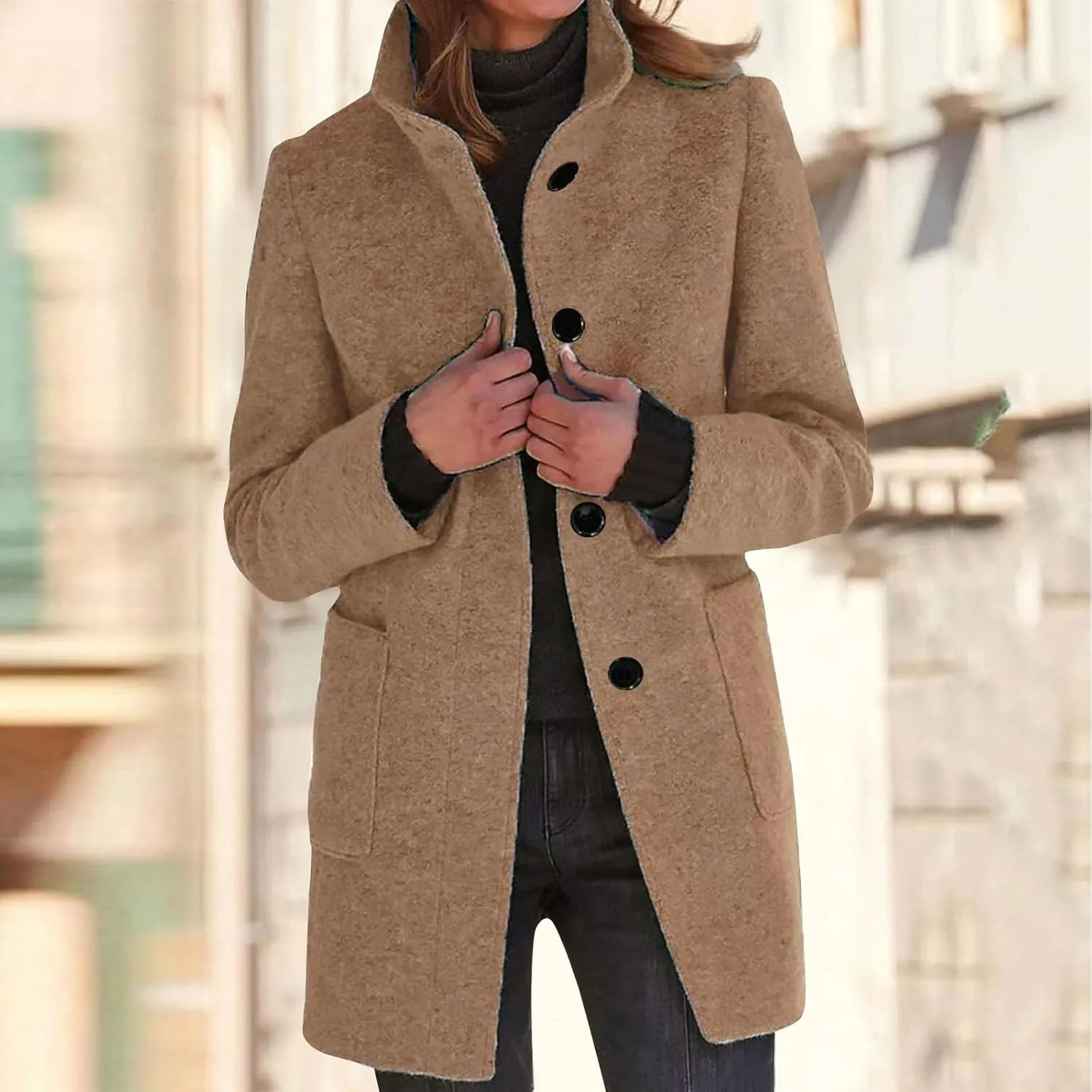 HXHYQKP Pea Coats for Women Basic Stand Collar Slim Fit Jacket Pea Coat Notched Lapel Trench Coat