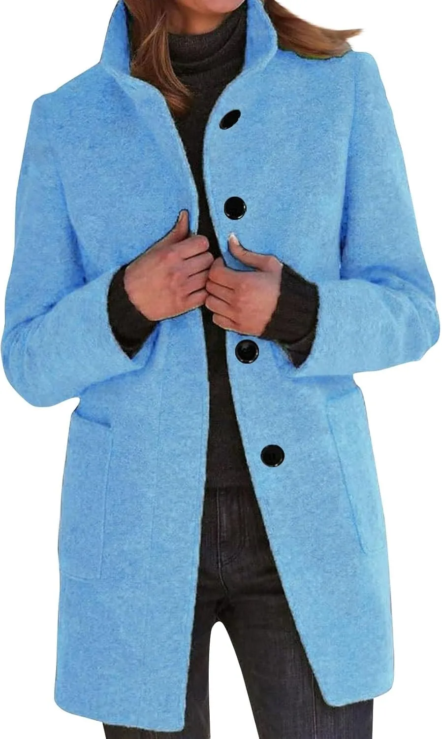 HXHYQKP Pea Coats for Women Basic Stand Collar Slim Fit Jacket Pea Coat Notched Lapel Trench Coat