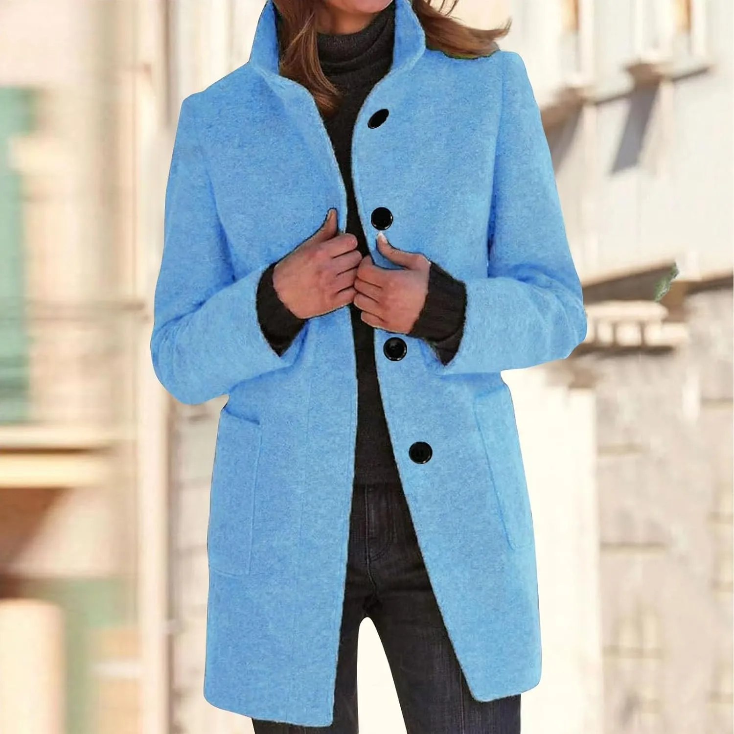 HXHYQKP Pea Coats for Women Basic Stand Collar Slim Fit Jacket Pea Coat Notched Lapel Trench Coat