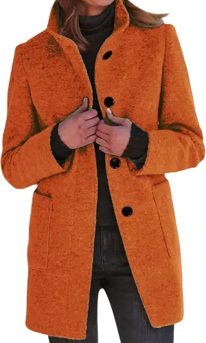 HXHYQKP Pea Coats for Women Basic Stand Collar Slim Fit Jacket Pea Coat Notched Lapel Trench Coat