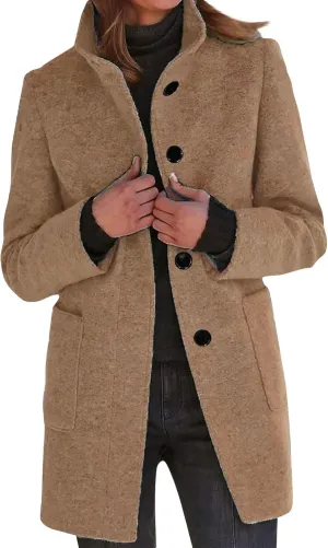 HXHYQKP Pea Coats for Women Basic Stand Collar Slim Fit Jacket Pea Coat Notched Lapel Trench Coat