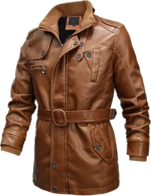 HZCX FASHION Men's Faux Leather Jacket PU Motorcycle Leather Belt Trench Coats