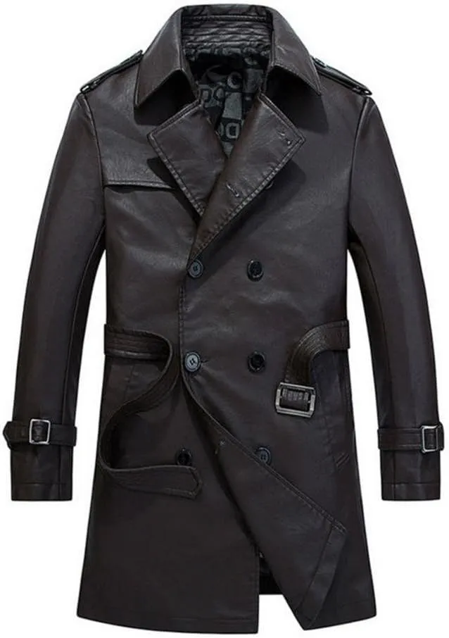 HZCX FASHION Men's Faux Leather Jacket PU Motorcycle Leather Belt Trench Coats