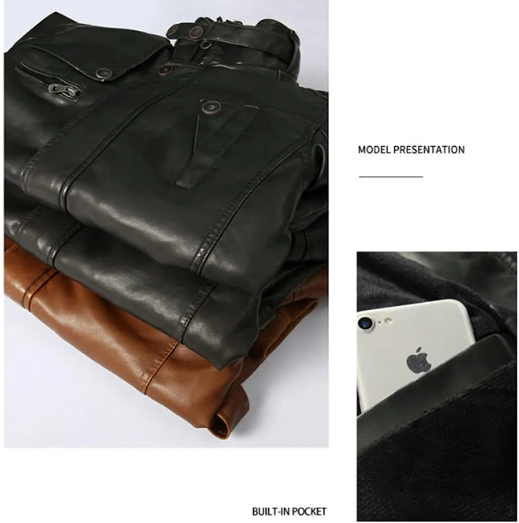 HZCX FASHION Men's Faux Leather Jacket PU Motorcycle Leather Belt Trench Coats