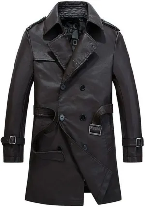 HZCX FASHION Men's Faux Leather Jacket PU Motorcycle Leather Belt Trench Coats