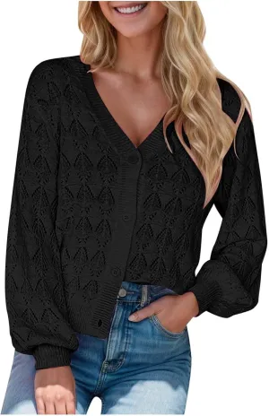 iLH Cardigans for Women 2024 Fall Lightweight Open Front Sweater V Neck Button Down Knit Outerwear Loose Crochet Jacket