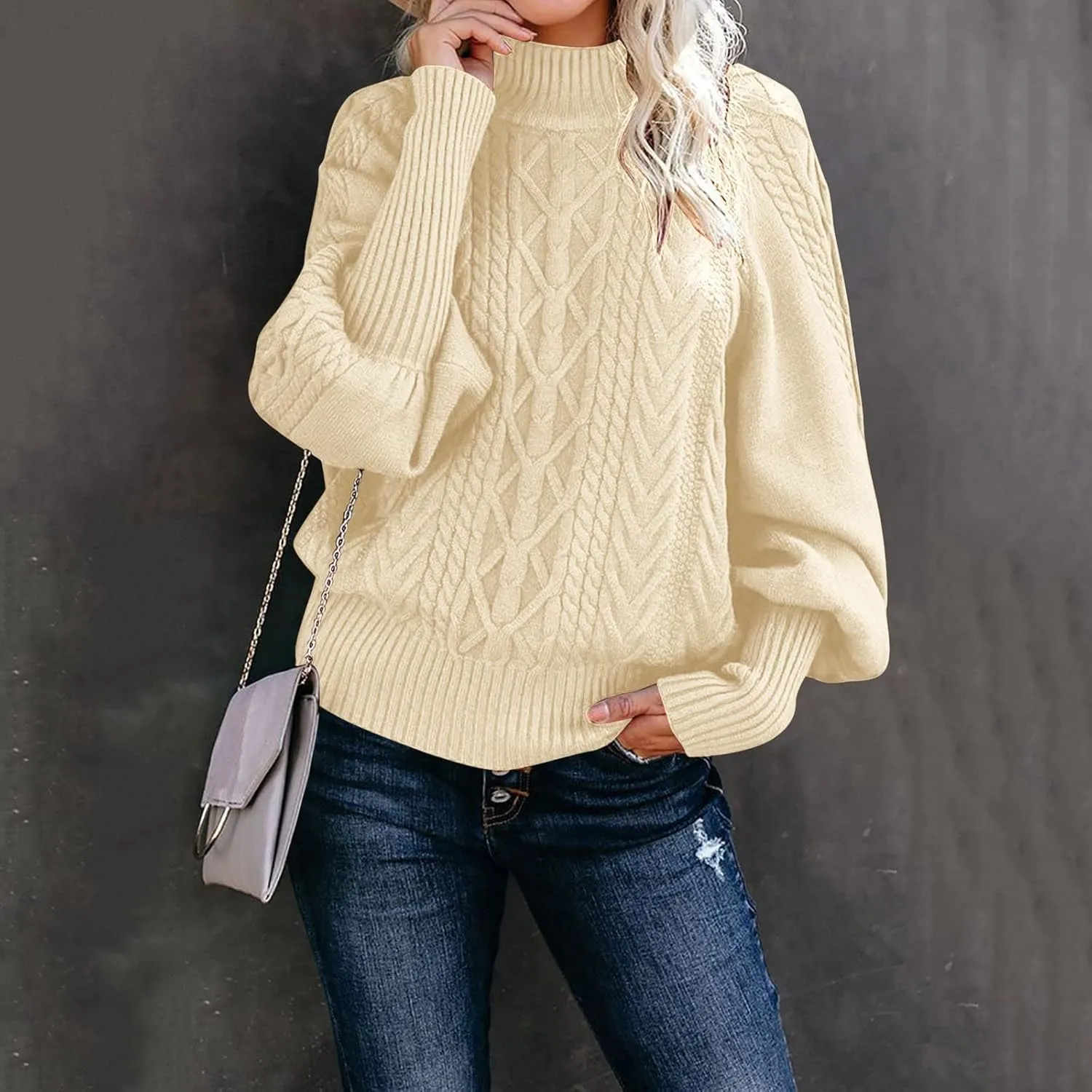 iLH Sweater for Women 2024 Fall Winter Knit Sweaters Mid Neck Long Sleeve Chunky Shirts Casual Loose Pullover Tops