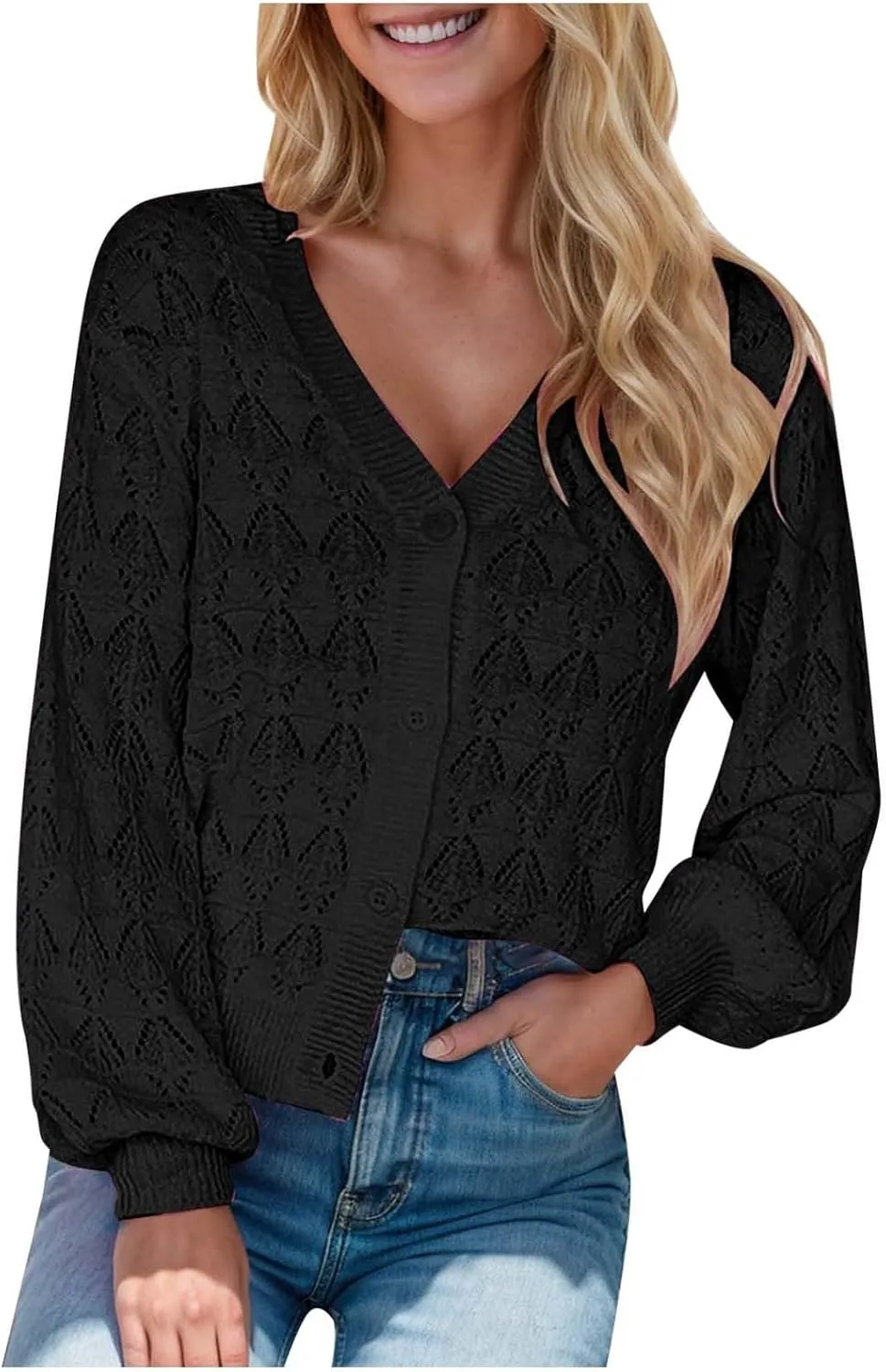 iLH Womens Cardigan 2024 Fall Lightweight Open Front Sweater V Neck Button Down Knit Outerwear Loose Crochet Jacket