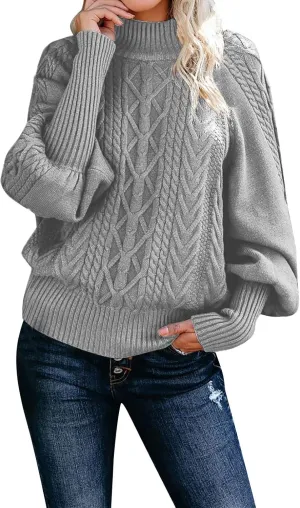 iLH Womens Sweater 2024 Fall Winter Knit Sweaters Mid Neck Long Sleeve Chunky Shirts Casual Loose Pullover Shirt Tops