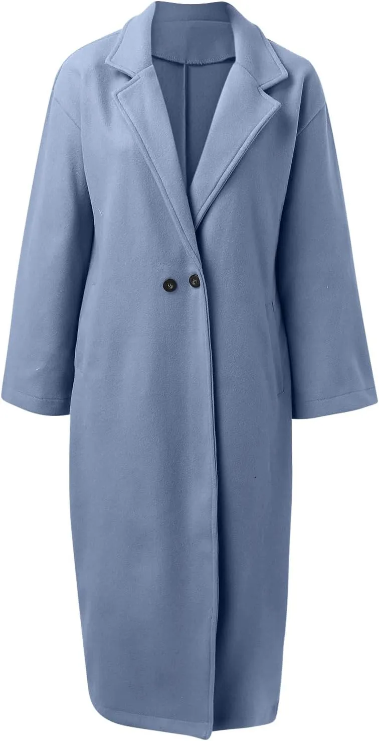 JEGULV Women Elegant Long Trench Coats Lightweight Open Front Solid Color Outwear Jackets Notched Lapel Collar Wool Pea Coats