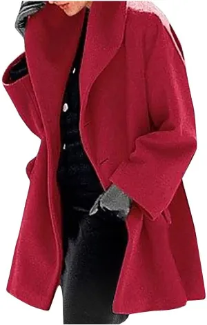 JOAU Women Single Breasted Lapel Pea Coat Casual Midi Long Work Office Business Overcoat Fashion Wool Blend Trench Coats