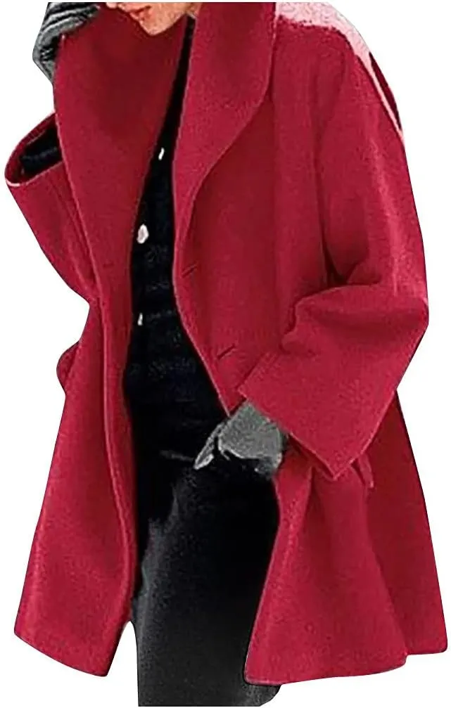 JOAU Women Single Breasted Lapel Pea Coat Casual Midi Long Work Office Business Overcoat Fashion Wool Blend Trench Coats
