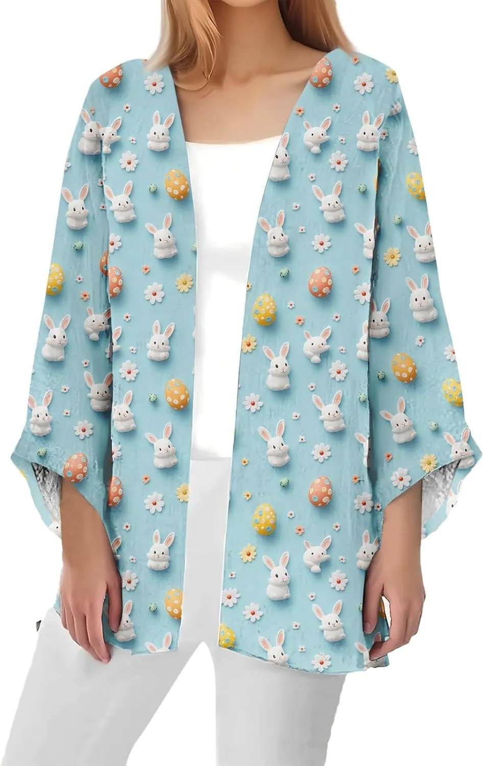 Kimonos for Women Plus Size Lightweight Cardigan Easter Printed Tops Dressy Casual 3/4 Sleeve Summer Loose Jacket